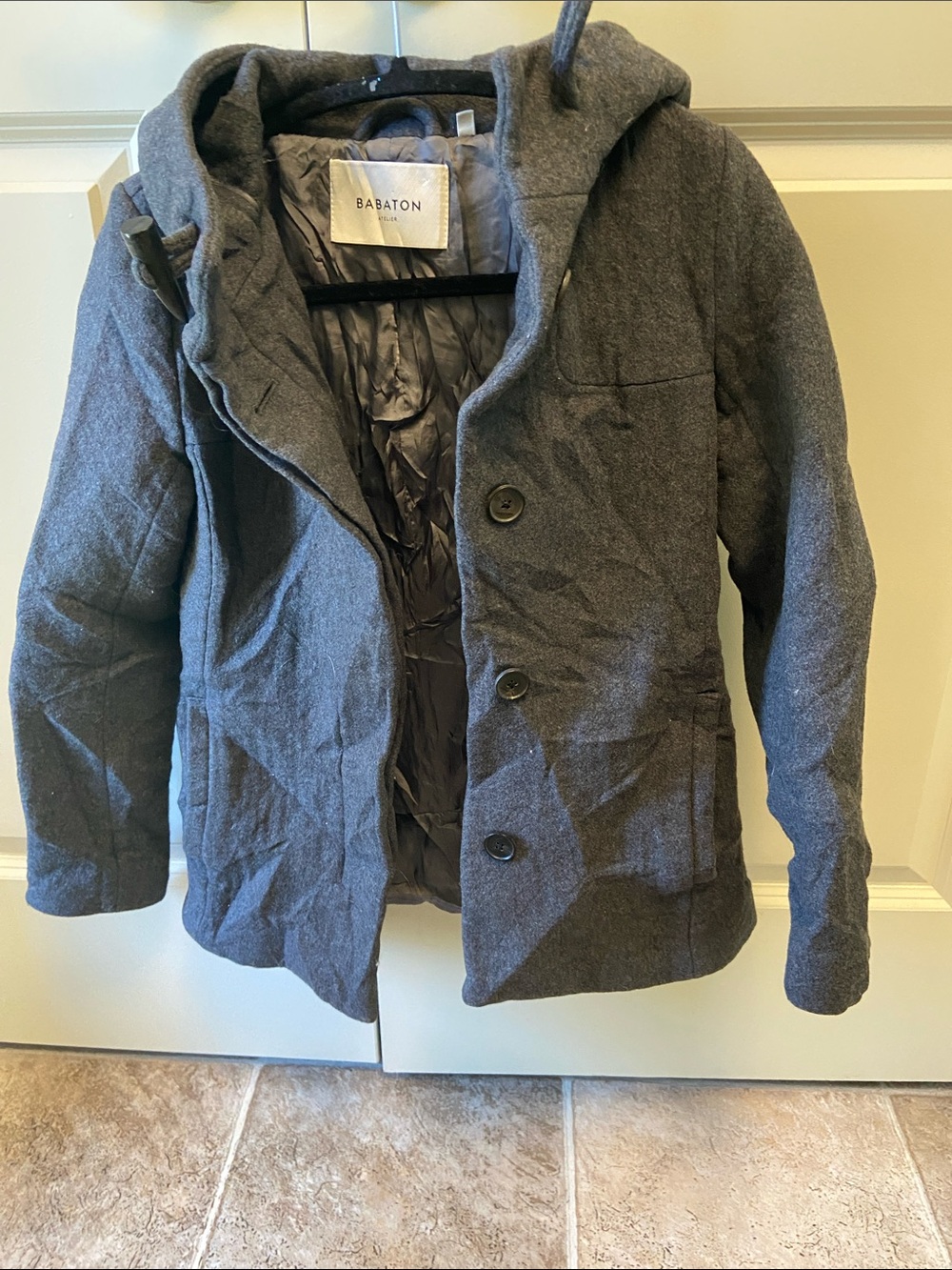 Babaton Pearce Hooded Wool Pea Coat in Charcoal Gray As-is Was Washed